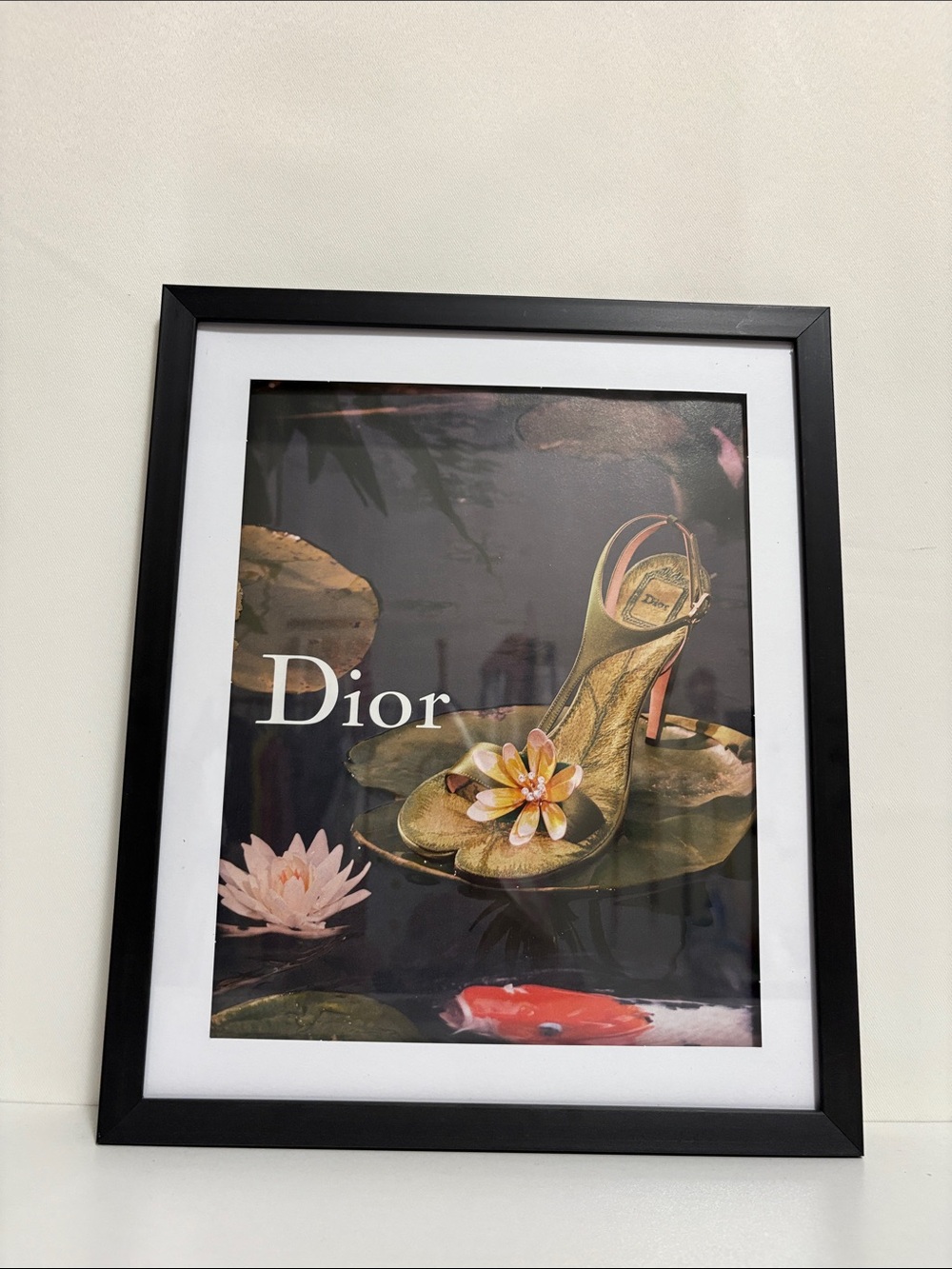 Framed Print of Dior Gold High Heel Slingback with Pink and Cream Floral Accent